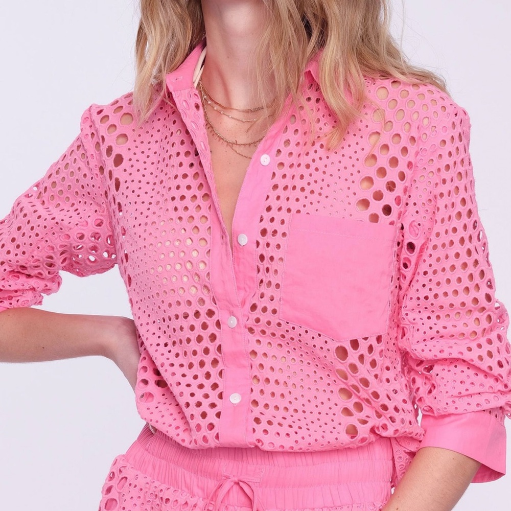 Heartloom Clio Eyelet Top Pink Button Down Long Sleeve Coverup size Medium